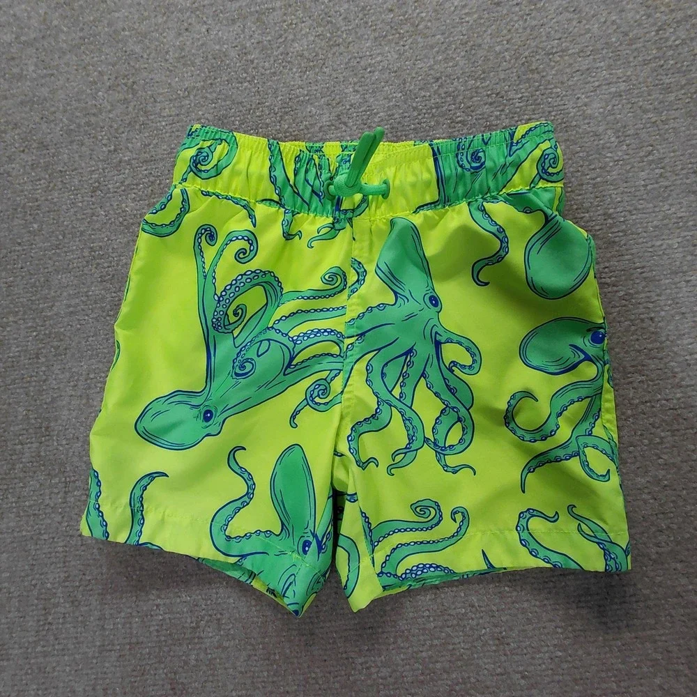 Sol Borne Boys Swim Trunks Neon Yellow Octopus Size XS (5) Elastic Tie Waist